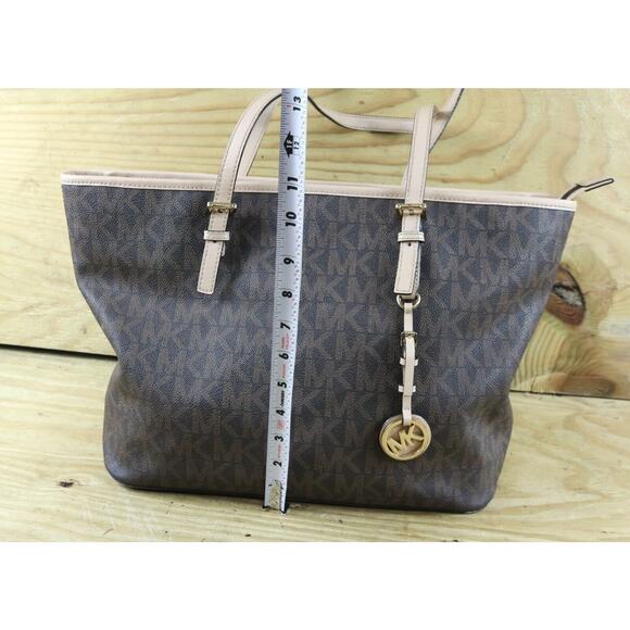Michael Kors Bag Jet Set Signature Brown Logo Monogram Tote Shoulder Large - Picture 9 of 12
